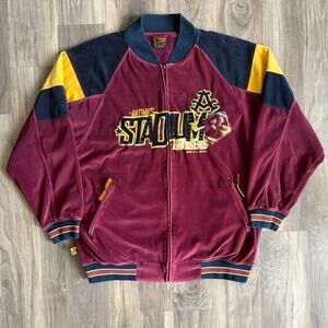 Vintage Y2K Akademiks Velour Track Jacket Mens Size XL Maroon Stadium Football